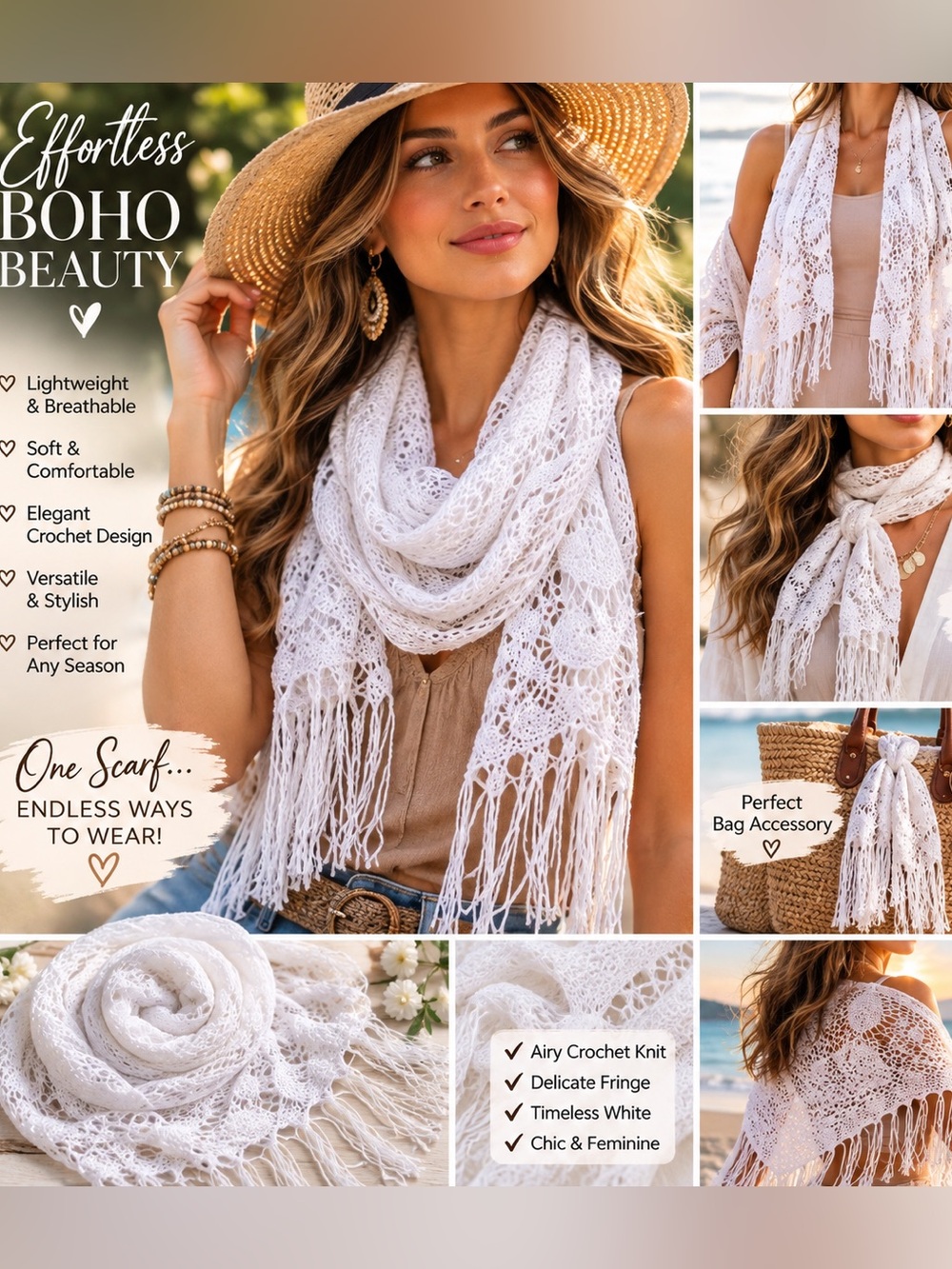 Lightweight White Crochet Fringe Scarf for Neck or Bag